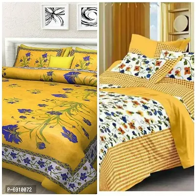 BedZone Cotton Floral Rajasthani Jaipuri Bedsheets Combo 2 Double Bedsheet with 4 Pillow Cover Set (Multicolour, Yellow, King)-thumb0