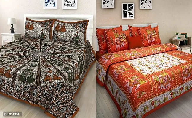 Meejoya 100% Cotton Rajasthani Jaipuri King Size bedsheets Combo Double Bed Set 2 Double Bedsheet with 4 Pillow Cover - Multicolor192