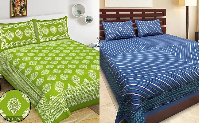 Meejoya Cotton Rajasthani Jaipuri Traditional Sanganeri Print 100% Cotton 2 Double Bedsheet with 4 Pillow Covers,Floral,JaipurFashion01-thumb0
