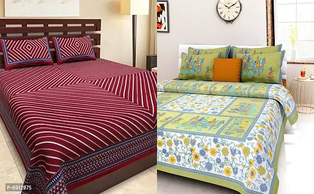 Meejoya 100% Cotton Rajasthani Jaipuri King Size bedsheets Combo Double Bed Set 2 Double Bedsheet with 4 Pillow Cover - Multicolor201-thumb0