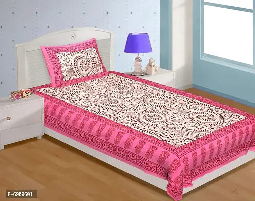 BedZone 180 TC Cotton Rajasthani Jaipuri Traditional Single Bed Sheet Offer with One Pillow Cover - Pink