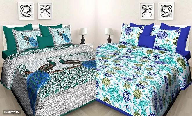 Meejoya 100% Cotton Rajasthani Jaipuri King Size Combo Bedsheets Set of 2 Double Bedsheets with 4 Pillow Covers _Made in India_186