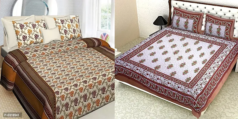 BedZone 100% Cotton Rajasthani 251 TC King Size bedsheets Combo Double Bed Set 2 Double Bedsheet with 4 Pillow Cover - Multi ,Double-thumb0