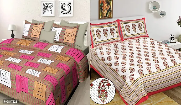 BedZone 100% Cotton Rajasthani Printed King Size bedsheets Combo Double Bed Set 2 Double Bedsheet with 4 Pillow Cover - MulticolourDeal91-thumb0