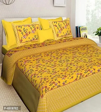BedZone 100% Cotton Rajasthani Jaipuri King Size bedsheets Combo Double Bed Set 2 Double Bedsheet with 4 Pillow Cover - Yellow37-thumb2