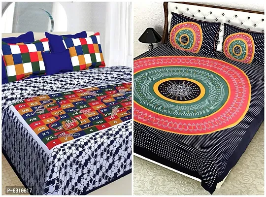 JAIPUR PRINTS 100 % Cotton 144 TC Double Bed Sheets Combo Double Bed Set 2 Double Bedsheet with 4 Pillow Cover - Multicolor-thumb0