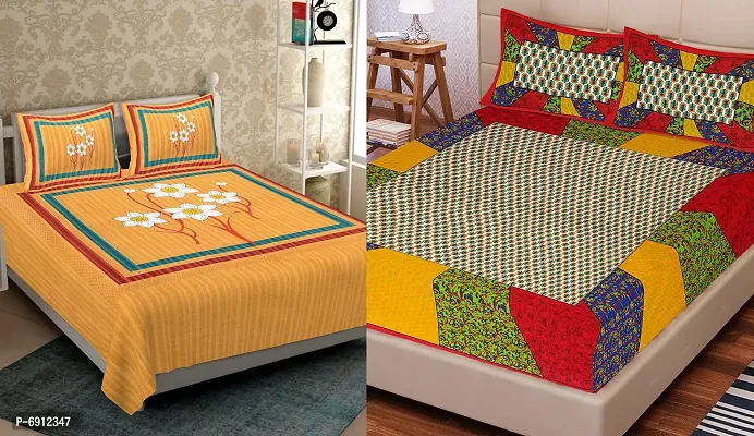 BedZone 100 % Cotton Rajasthani Jaipuri Traditional Sanganeri Print 144 TC Cotton Double Size Bedsheet with 2 Pillow Covers - MulitWhite56