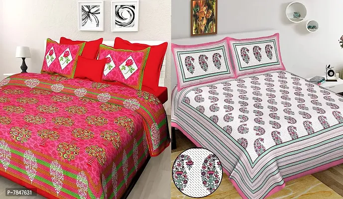 BedZone 100% Cotton Rajasthani Printed King Size bedsheets Combo Double Bed Set 2 Double Bedsheet with 4 Pillow Cover - MulticolourDeal77-thumb0