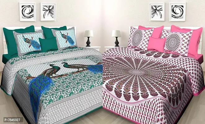 BedZone 100% Cotton Rajasthani Jaipuri King Size Combo Bedsheets Set of 2 Double Bedsheets with 4 Pillow Covers - Multi_522-thumb0