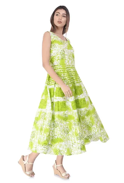 BedZone Women's Cotton Maxi Long Dress Jaipuri Printed Kurti (Green, Free Size Upto 42-XL)