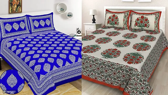 Meejoya 100% Cotton Rajasthani Printed King Size bedsheets Combo Double Bed Set 2 Double Bedsheet with 4 Pillow Cover - Multicolour223