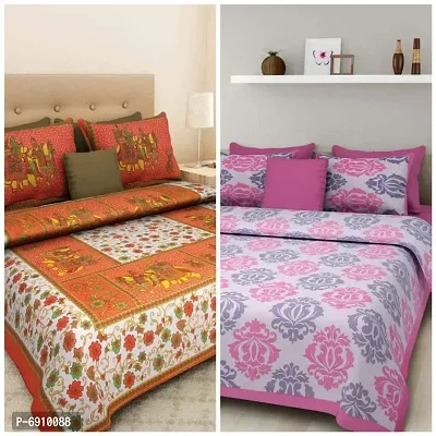 BedZone 100% Cotton Rajasthani Jaipuri King Size bedsheets Combo Double Bed Set 2 Double Bedsheet with 4 Pillow Cover - Multicolor-thumb0
