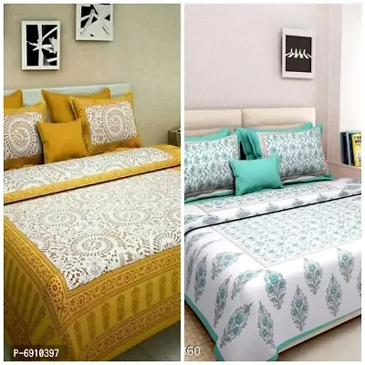 BedZone 100% Cotton Rajasthani Jaipuri King Size Printed Bedsheet Combo Double Bed Set 2 Double Bedsheet with 4 Pillow Cover - Multicolor