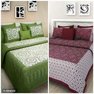 BedZone 100% Cotton Rajasthani Jaipuri King Size Printed Bedsheet Combo Double Bed Set 2 Double Bedsheet with 4 Pillow Cover - Multicolor-thumb0