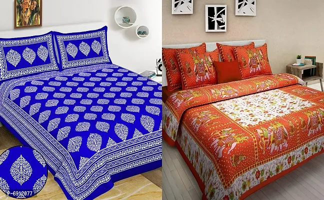 Meejoya 100% Cotton Rajasthani Jaipuri King Size bedsheets Combo Double Bed Set 2 Double Bedsheet with 4 Pillow Cover - Multicolor166