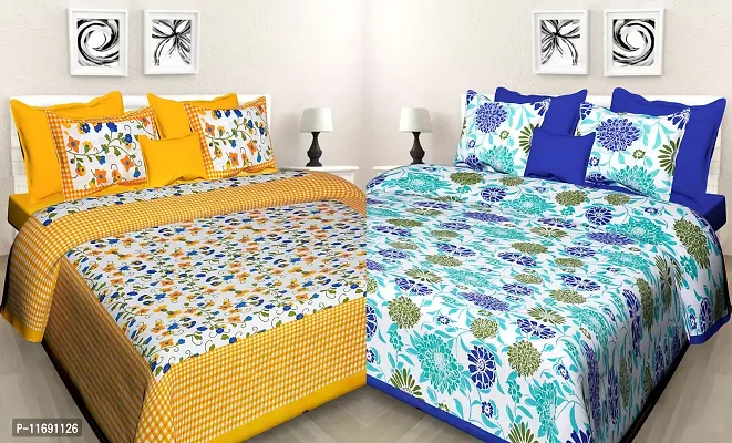 Comfortable Cotton Sanganeri Jaipuri Printed Fitted And Flat Bedsheet Combo With Pillow Covers-thumb0