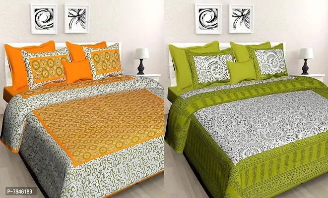 BedZone 100% Cotton Rajasthani Jaipuri King Size Combo Bedsheets Set of 2 Double Bedsheets with 4 Pillow Covers _SanganerioffJaipur_26-thumb0