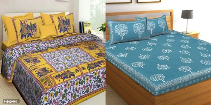 Elegant Jaipuri Printed Double Bed Bedsheet Combo Of 2 Bedsheet with 4 Pillow Covers-thumb0