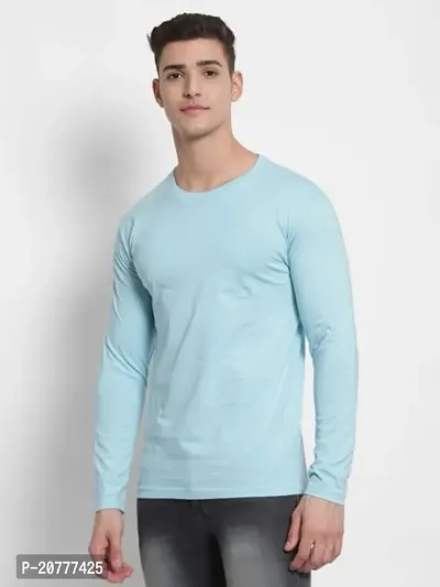 Trendy Sky Blue Cotton Full Sleeve Regular Fit Solid T-Shirt