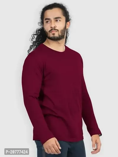 Trendy Maroon Cotton Full Sleeve Regular Fit Solid T-Shirt