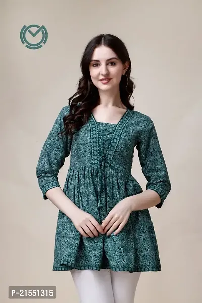 Elegant Cotton Green Printed 3/4 Sleeve Tunic For Women-thumb2