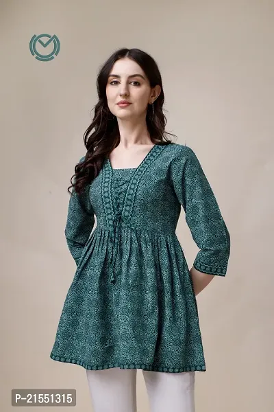 Elegant Cotton Green Printed 3/4 Sleeve Tunic For Women-thumb0