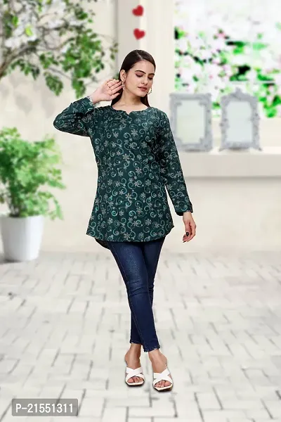 Elegant Rayon Green Floral Print 3/4 Sleeve Mandarin Collar Tunic For Women