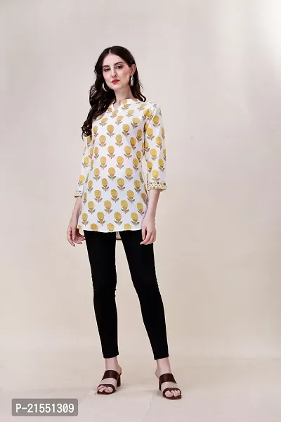 Elegant Cotton Yellow Floral Print 3/4 Sleeve Mandarin Collar Tunic For Women