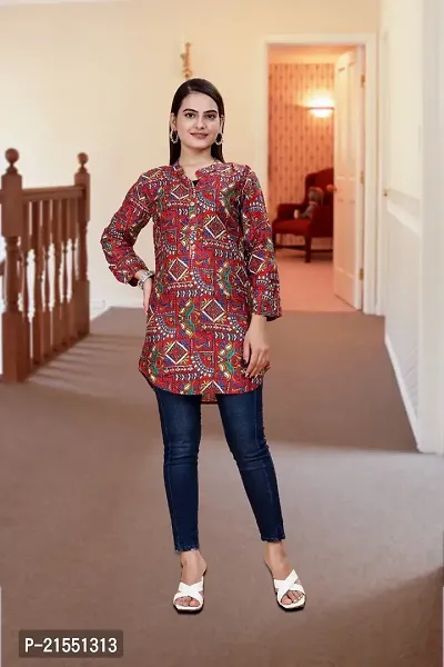 Elegant Rayon Red Printed 3/4 Sleeve Mandarin Collar Tunic For Women