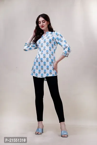 Elegant Cotton Blue Floral Print 3/4 Sleeve Mandarin Collar Tunic For Women