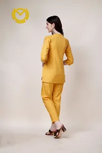 Elegant Cotton Mustard Striped Short Kurti 3/4 Sleeve Mandrain Collar Short Kurta With Pant Set For Women-thumb1