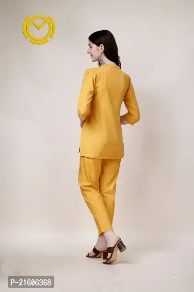 Elegant Cotton Mustard Striped Short Kurti 3/4 Sleeve Mandrain Collar Short Kurta With Pant Set For Women-thumb2