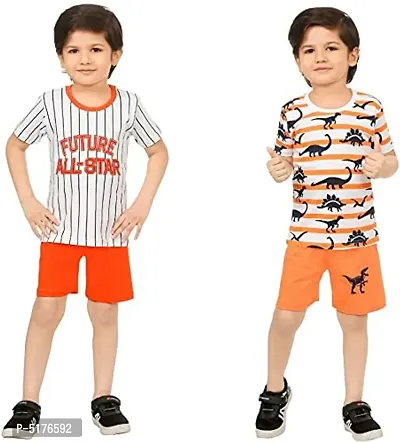 Multicoloured Cotton T-shirt with Bottom Short Pant II Printed Clothing Set for (Boys & Girls) II PACK OF 4, ORANGE-thumb0