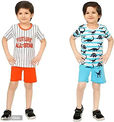 Multicoloured Cotton T-shirt with Bottom Short Pant II Printed Clothing Set for (Boys & Girls) II PACK OF 4, ORANGE -GREEN