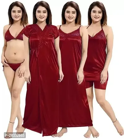PHKMALL Women Night Dress Satin Multicolor Pack of 1 Accesories with 6 PCS (M, Maroon)