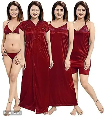 PHKMALL Women's Satin Nightwear Set of 6 Pcs Wrap Gown, Nighty, Top, Shorts, Bra and Panty(6p Shorts) Latest (Free Size, Maroon)-thumb0