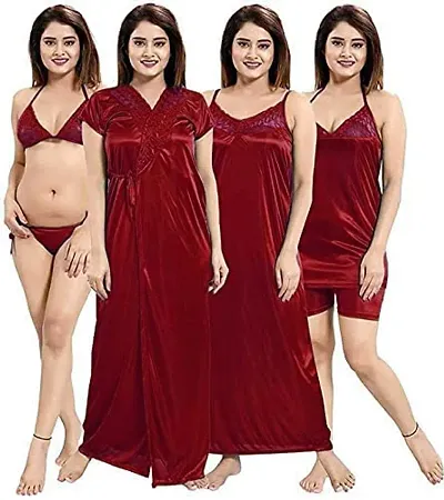 PHKMALL Women's Satin Nightwear Set of 6 Pcs Wrap Gown, Nighty, Top, Shorts, Bra and Panty(6p Shorts) Latest