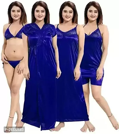 PHKMALL Women's Satin Nightwear Set of 6 Pcs Wrap Gown, Nighty, Top, Shorts, Bra and Panty(6p Shorts) Latest (Free Size, Blue)