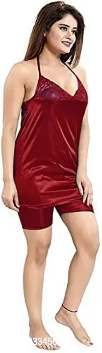 PHKMALL Women's Satin Nightwear Set of 6 Pcs Wrap Gown, Nighty, Top, Shorts, Bra and Panty(6p Shorts) Latest (Free Size, Maroon)-thumb2