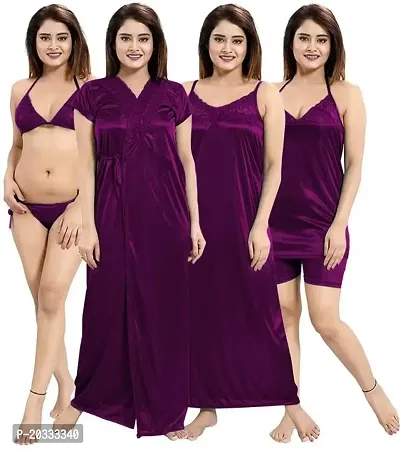 PHKMALL Women's Satin Nightwear Set of 6 Pcs Wrap Gown, Nighty, Top, Shorts, Bra and Panty(6p Shorts) Latest (Free Size, Magenta)