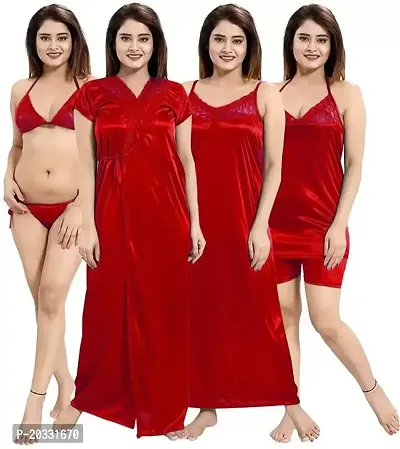 PHKMALL Women Night Dress Satin Multicolor Pack of 1 Accesories with 6 PCS (M, RED)