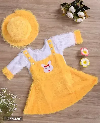 Stylish Yellow Cotton Winter Frocks With Hat For Girl