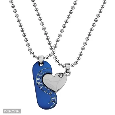 Sullery Couple Romantic Be my Sweet Written Heart Dual Locket Chain Blue,Silver Zinc, Metal  Pendant Necklace Chain For Men And Women-thumb0