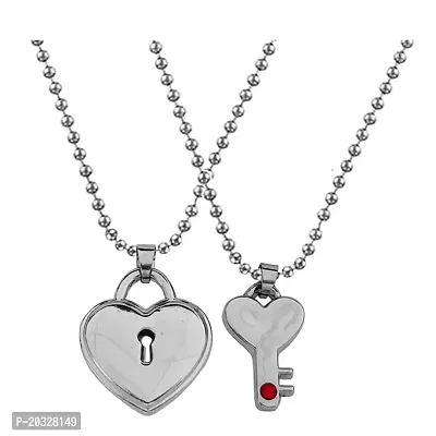 Sullery Couple Romantic Lock And Key Heart Dual Locket With Dual Chain Silver Zinc, Metal  Pendant Necklace Chain For Men And Women