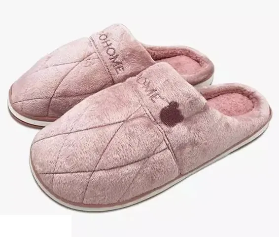 Elegant Pink Fur Solid Slippers For Women