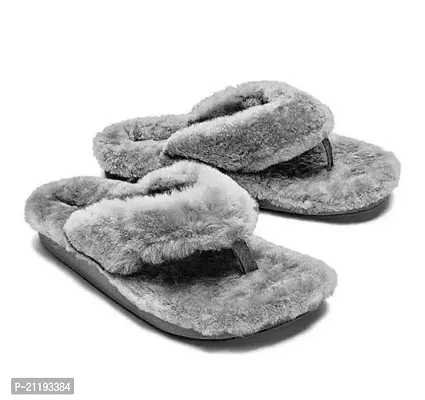 Elegant Grey Fur Solid Slippers For Women-thumb0