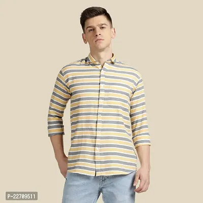 Mens Wear Pure Cotton Striped Printed Yellow Color Shirt-thumb0
