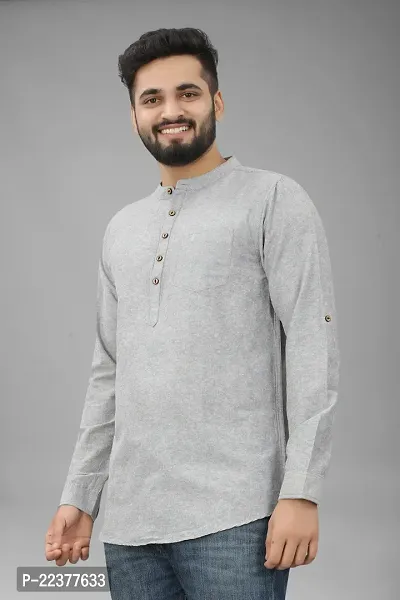 Mens Wear Pure Cotton Grey Color Short Kurta-thumb4