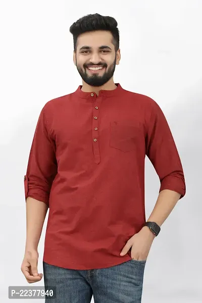Mens Wear Pure Cotton Red Color Short Kurta-thumb0
