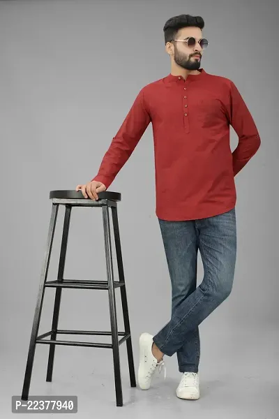 Mens Wear Pure Cotton Red Color Short Kurta-thumb5